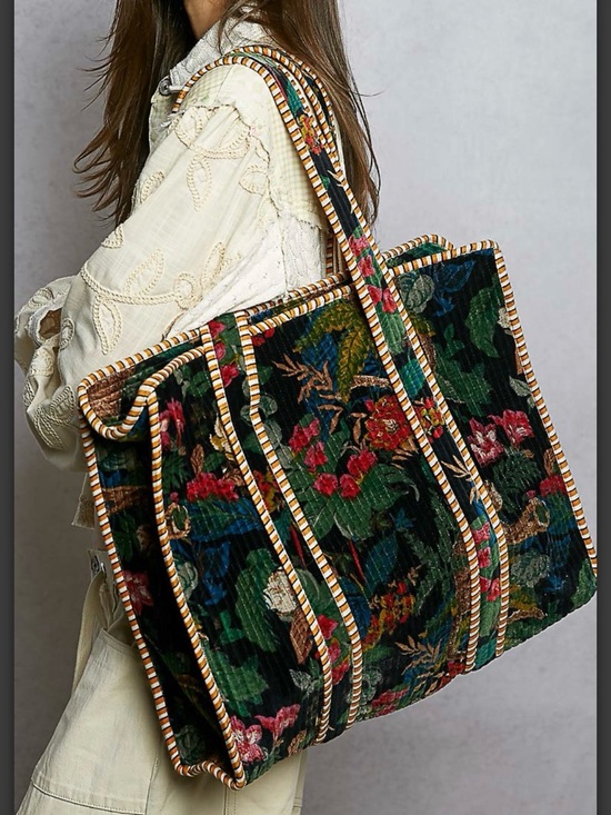 POL Handbags - POL SMQP12 Floral Velvet Tote Bag with Striped Trim - Black Multi